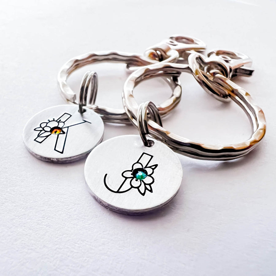 Flower Initial Keychain, With Birthstone