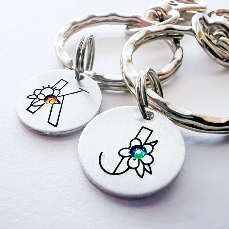 Flower Initial Keychain, With Birthstone